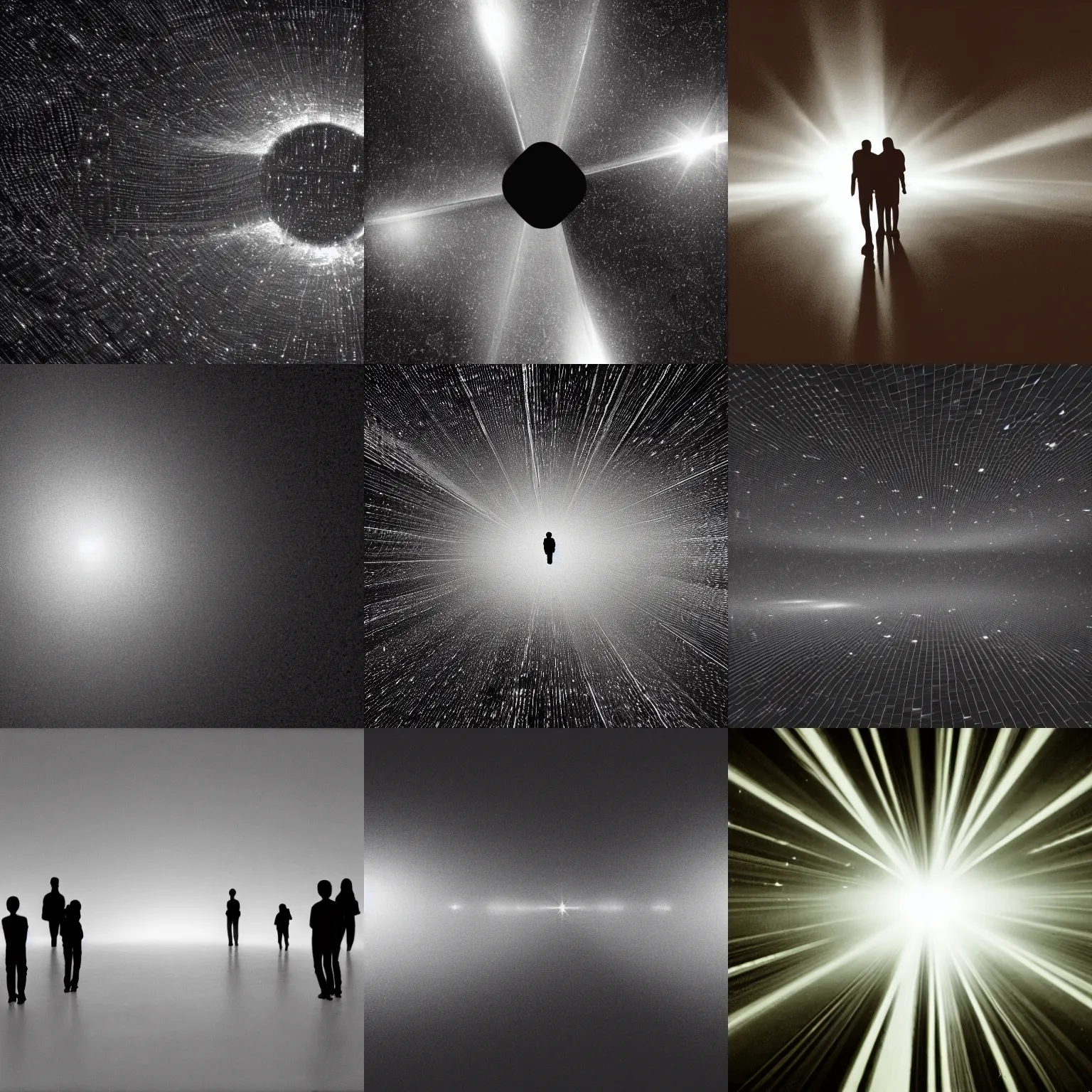 Prompt: a photograph of a vast, empty, dark space. In the center of the photograph is a small, bright light. The light is shining brightly, and the only source of light in the photograph. Surrounding the light is a group of dark, shadowy figures. The figures are clustered together, and the figures are reaching out towards the light.