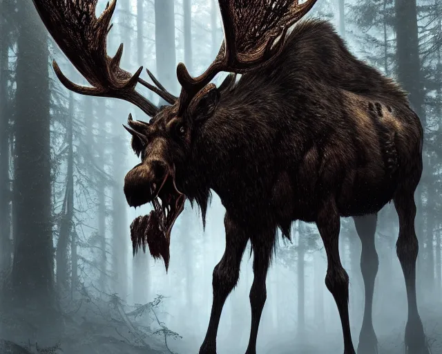 Prompt: 5 5 mm portrait photo of an armored demonic undead rotting moose with antlers, in a magical forest looking at the camera. dark atmosphere. art by greg rutkowski and luis royo. highly detailed 8 k. intricate. lifelike. soft light. nikon d 8 5 0.