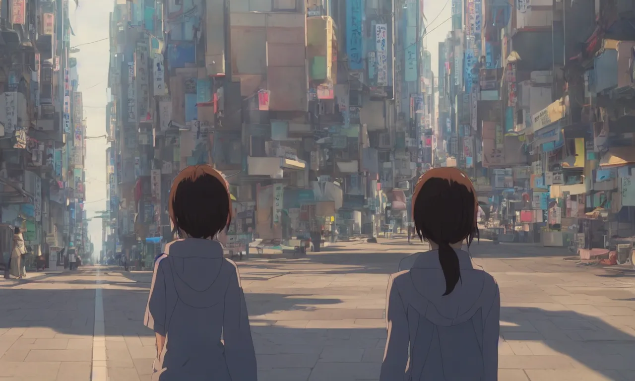 Prompt: A screenshot of the girl on the a seoul city street in the scene in the Makoto Shinkai anime film Kimi no na wa, pretty rim highlights and specular