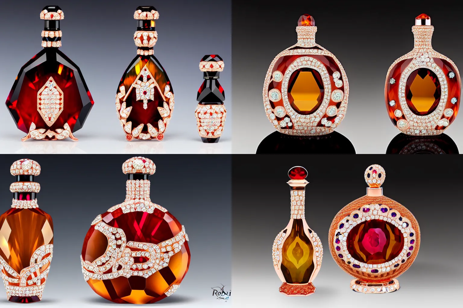 Prompt: elaborate swarovski crystal faberge liquor bottle onyx and rose gold diamonds opals rubies, 4 k, reflections