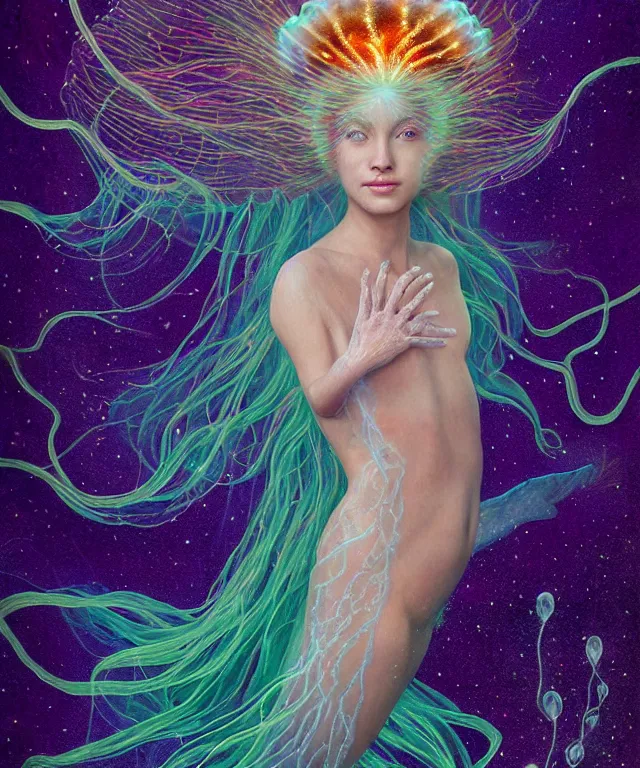 Image similar to portrait of a levitating floating in space goddess mermaid with (reaction diffusion) scaled fish skin Bioluminescent phoenix jellyfish, phoenix fire, chimera, energy rays, Her breath shot a haze of steam out into the frosty morning air concept, soft light, soft mood, realistic body features and face, illustration,intricate ornament halo, painting oil on canvas by Elena Zhurikhina and Goro Fujita and Charlie Bowater, octane render trending on artstation, 4k, 8k, HD