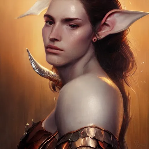 Image similar to A detailed oil portrait of an elf woman with small copper devil horns and copper scales covering her arm and neck wearing a simple white robe, by greg rutkowski, trending on artstation, dungeon and dragons art