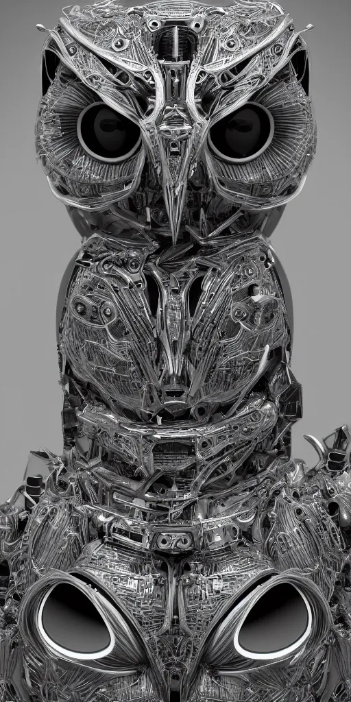 Image similar to cybernetic owl. portrait. complex shape. highly detailed. octane render. 8 k. monochrome. cinematic.