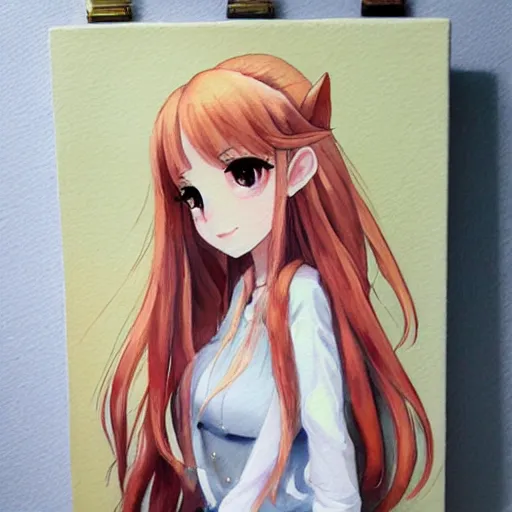 Image similar to oil WATERCOLOR painting of a beautiful pretty pure kawaii cute lovely innocent elegant hot nice sweet girly feminine long hair anime ELF waifu sister girl Trending on Pixiv