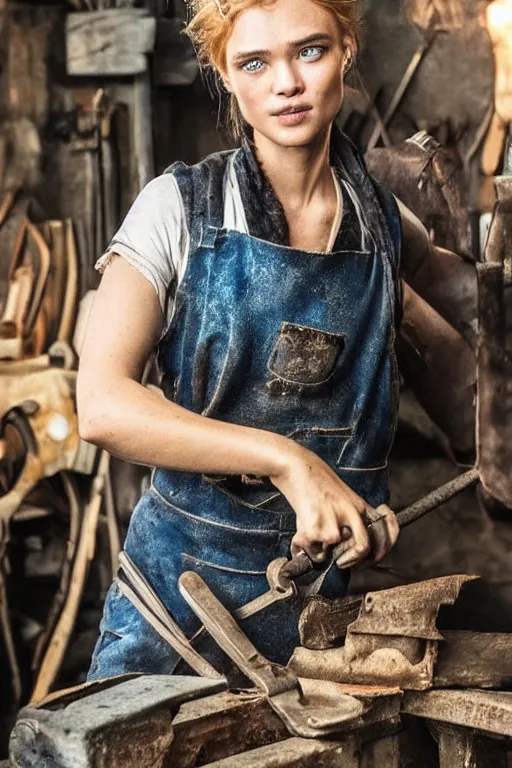 Image similar to female blacksmith, very burly. strawberry - blonde hair, many freckles. resembles natalia vodianova