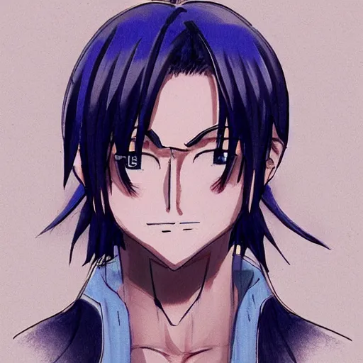 Image similar to Anime concept art of a man with navy blue hair