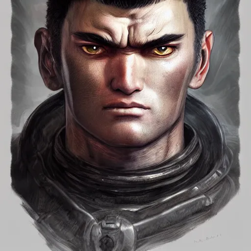 Image similar to semi realistic portrait of guts from berserk extremely detailed, made by wlop and maxwell boas