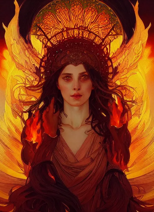 Image similar to “ goddess of fire, highly detailed, digital painting, flames, artstation, concept art, smooth, sharp focus, illustration, art by artgerm and greg rutkowski and alphonse mucha ”