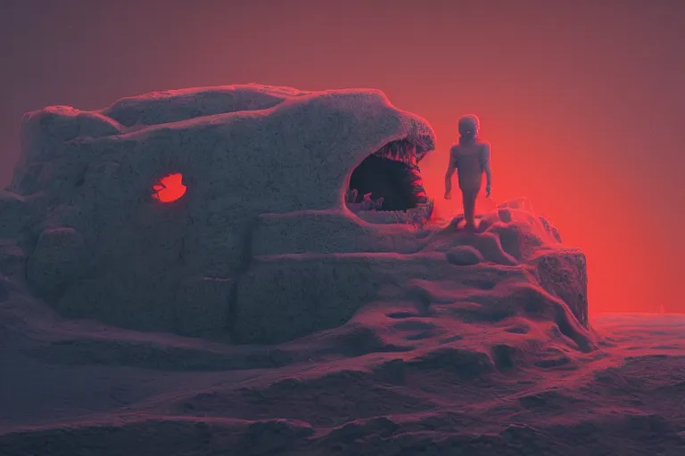 Prompt: a hd render of a floating red skull, surreal frozen landscape, 8 k, cinematic lighting, by beeple and zdzisław beksinski