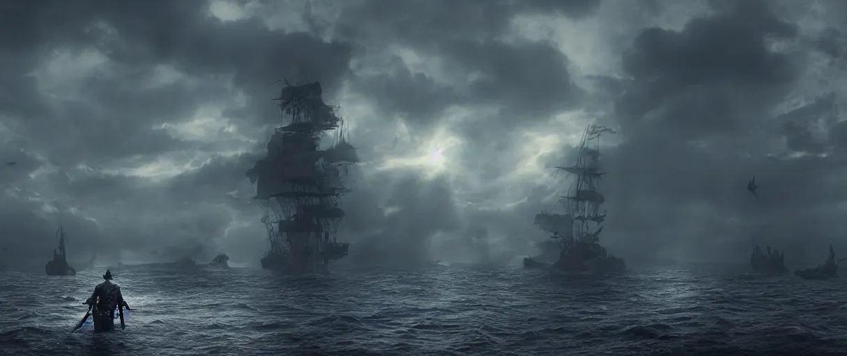 Prompt: a pirate standing on his ship a giant monster craft merging out of the water, beautiful dramatic moody lighting, cinematic atmosphere, high detail, 8k, ornate, dark fantasy, masterpiece, complex, film still from the movie directed by Denis Villeneuve with art direction by Gregory Crewdson, Joel Sternfeld