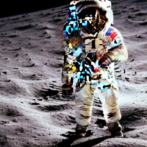 Image similar to astronauts on the moon with demons and monsters, monsters on the moon, astronauts, grainy film, apollo footage