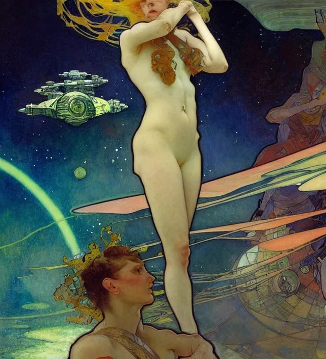 Image similar to spaceship war in the ocean planet, solarpunk style,, by egon shiele and alphonse mucha, with influence of jeremy mann, peter lindbergh, dave mckean, maurice sapiro, and frank moth, soft lightning, highly detailed, 8 k