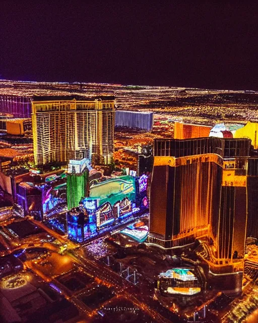 Image similar to las vegas at night on fire, shot from drone, grainy, polaroid, zoomed in