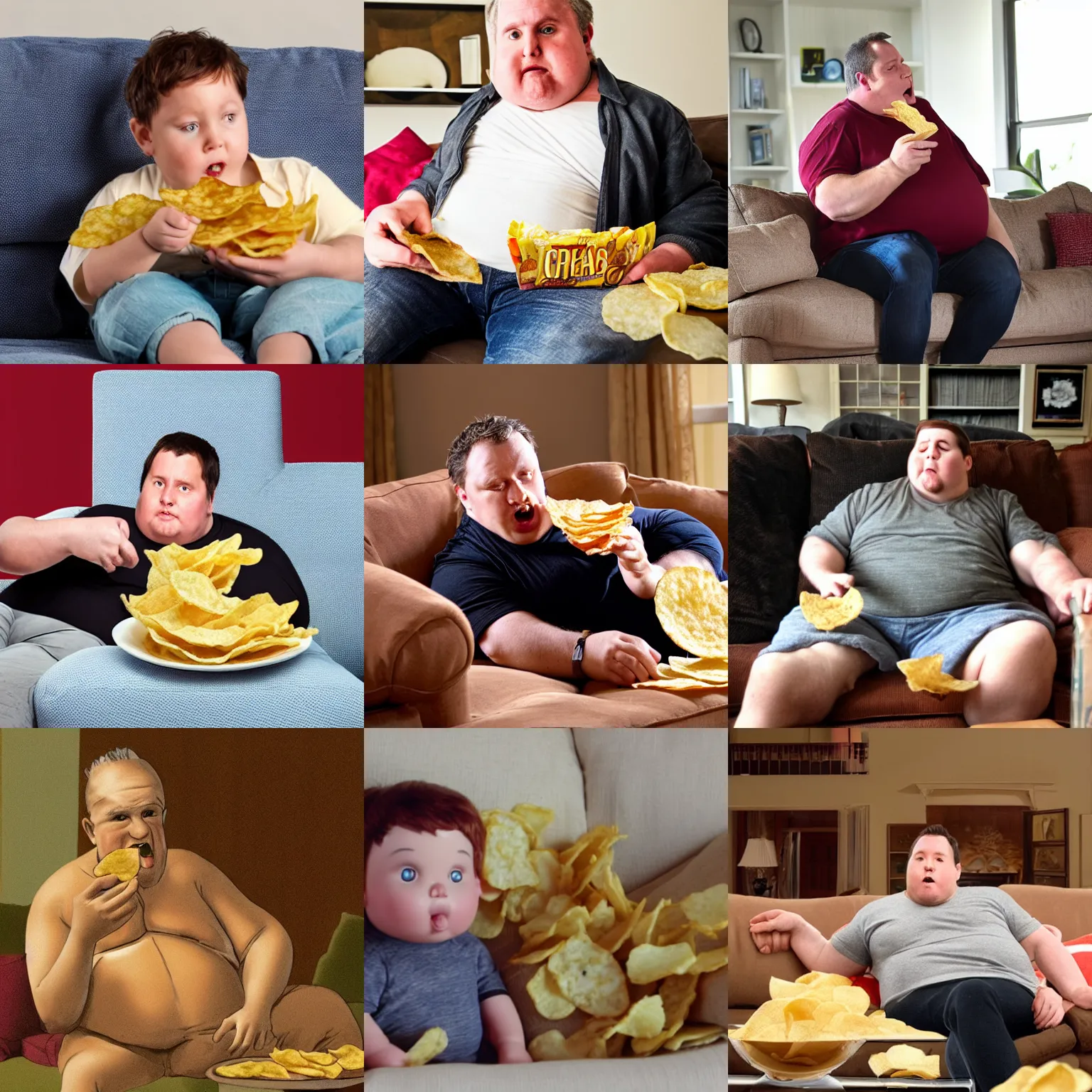 Prompt: slightly obese julius caesar eating potato chips on the couch