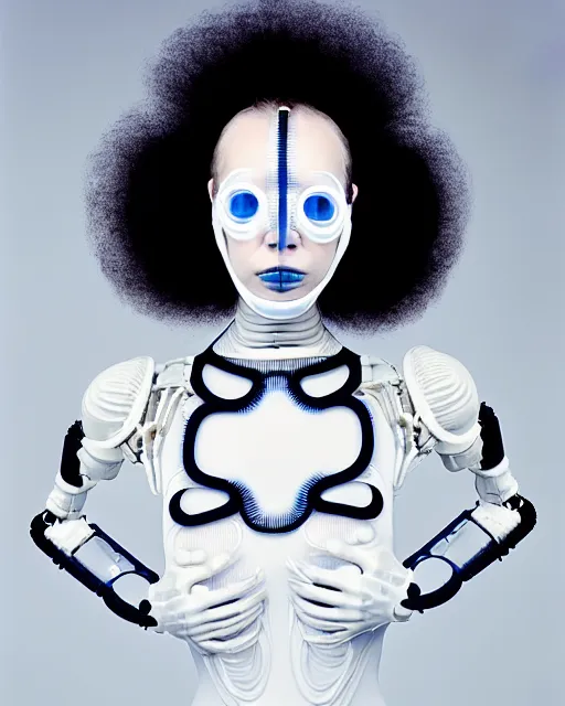 Image similar to portrait of a woman wearing a white embroidered translucent silicone mask and white blue frizzy hair buns, wearing a black bodysuit by alexander mcqueen, cream white background, soft diffused light, biotechnology, humanoide robot, bjork aesthetic, translucent, by rineke dijkstra, intricate details, highly detailed, masterpiece,