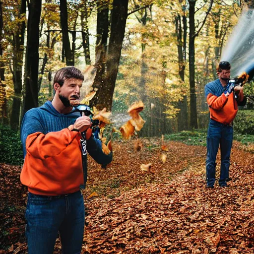 Image similar to men with leaf blowers fighting the falling leaves in a forest, detailed face, CANON Eos C300, ƒ1.8, 35mm, 8K, medium-format print