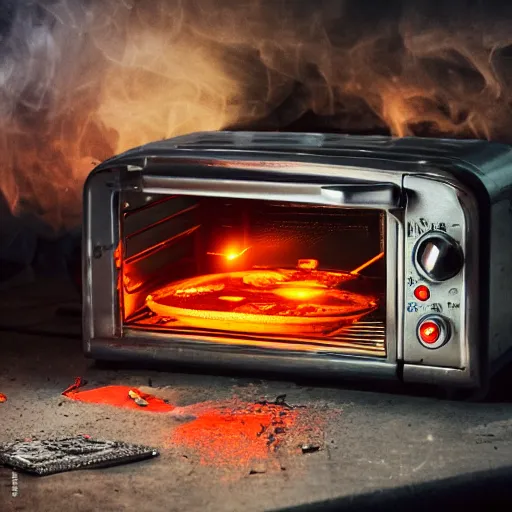 Image similar to cyborg toaster oven repairman, dark messy smoke - filled cluttered workshop, dark, dramatic lighting, orange tint, sparks, cinematic, highly detailed, sci - fi, futuristic, movie still