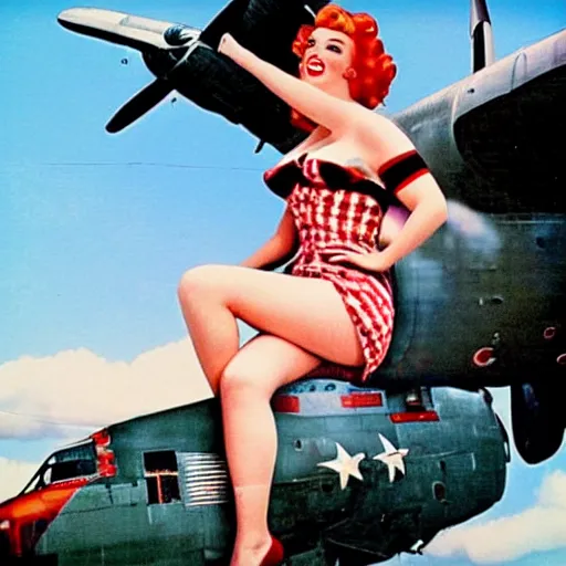 Image similar to Christina Hendricks as a pinup girl painted on the side of a B-25 bomber. Vintage color photograph, WWII, aircraft nose art