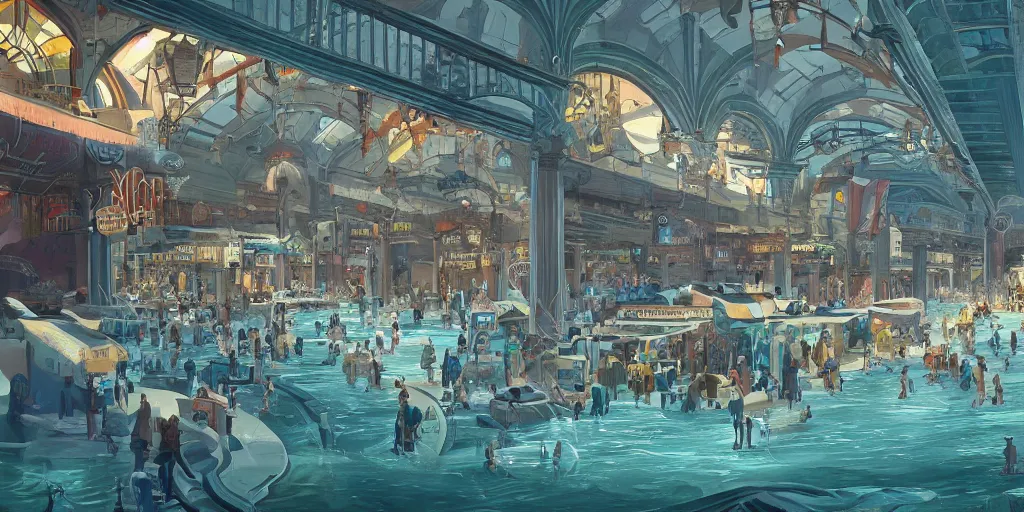 Prompt: art deco marketplace of massive proportions in an underwater city, illustration by yoann lossell, raphael lacoste