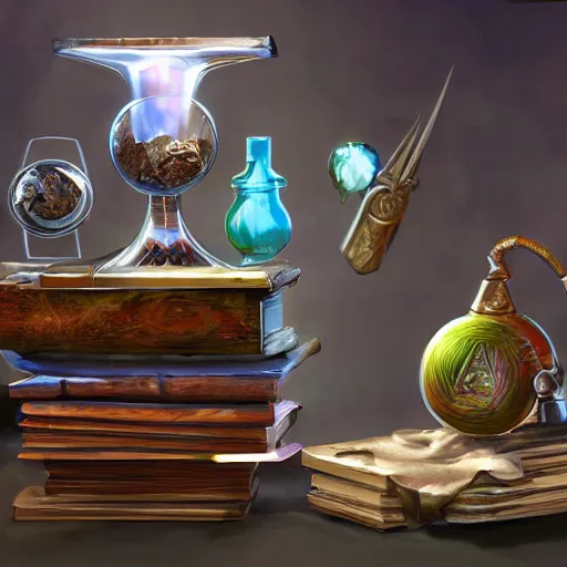 Prompt: hyper real, table, wizards laboratory, tony sart, mortar, pestle, scales with magic powder, energy flowing, magic book, beakers of colored liquid