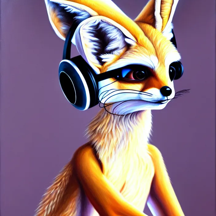 Image similar to a photorealistic painting of an anthropomorphic fennec fox wearing headphones, laptop, oil on canvas, furry, soft lighting