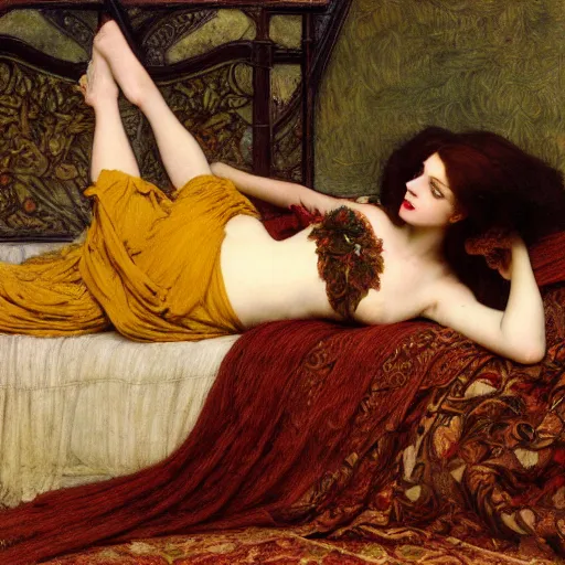 Image similar to preraphaelite photography reclining on bed, a hybrid of judy garland and a hybrid of lady gaga and anne hathaway, aged 2 5, big brown fringe, wide shot, yellow ochre ornate medieval dress, john william waterhouse, kilian eng, rosetti, john everett millais, william holman hunt, william morris, 4 k