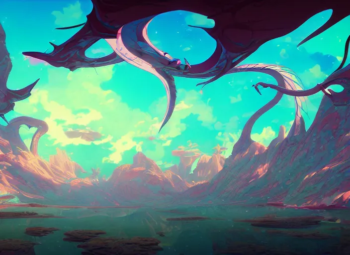 Prompt: psychedelic art of a landscape made of dragons, detailed, cel shaded, by makoto shinkai and moebius and anton fadeev and james gurney