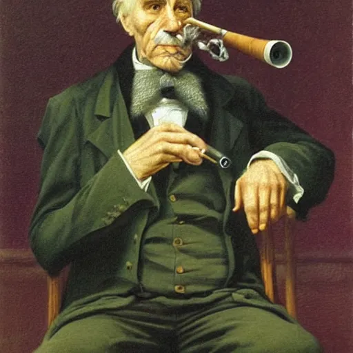 Prompt: old man smoking a pipe sitting in a chair, oil painting by caspar david friedrich, john harris