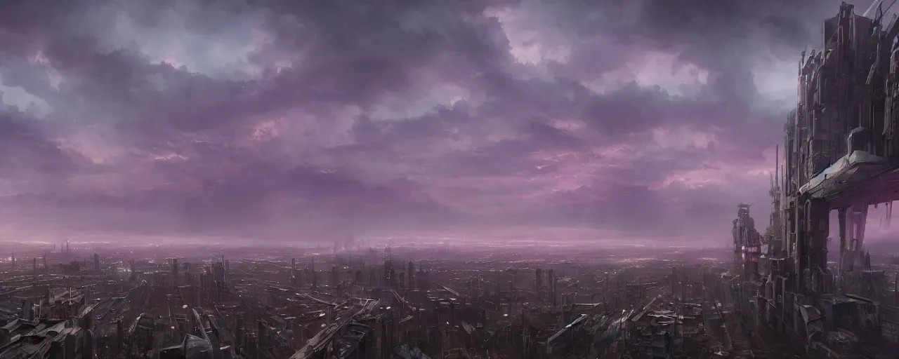 Prompt: Giant megacity looming across the landscape, dystopian, post apocalyptic, the sky is purple, very detailed concept art, matte painting, digital art, concept art, realistic beautiful, trending on Artstation, Greg Rutkowski