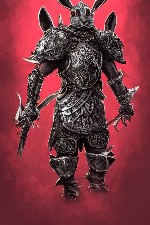 Image similar to Anthropomorphized Rabbit in full armor carrying Sword and Shield, full body, menacing pose, concept art, insanely detailed and intricate, hypermaximalist, elegant, ornate, hyper realistic, super detailed, tribal red atmosphere, Art Deco, cinematic, trending on artstation, magic the gathering artwork, centered