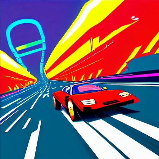 Image similar to speed racer in outrun style, dreamwave, synthwave, 1980s