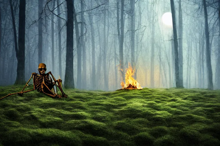 Image similar to a burning with fire human skeleton sitting behind computer, overgrown with moss, in foggy forest, at night with moon light, dark atmosphere, fantasy, digital art