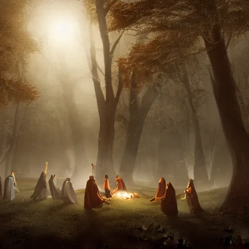 Image similar to A panoramic photograph of witches dancing in robes and drinking around a campfire at night in a misty forest grove, large landscape with a village in the valley, stars overhead, glowing eyes in the dark, by Greg Rutkowski, 4k photorealistic, volumetric lighting, HD, high details, dramatic, trending on artstation