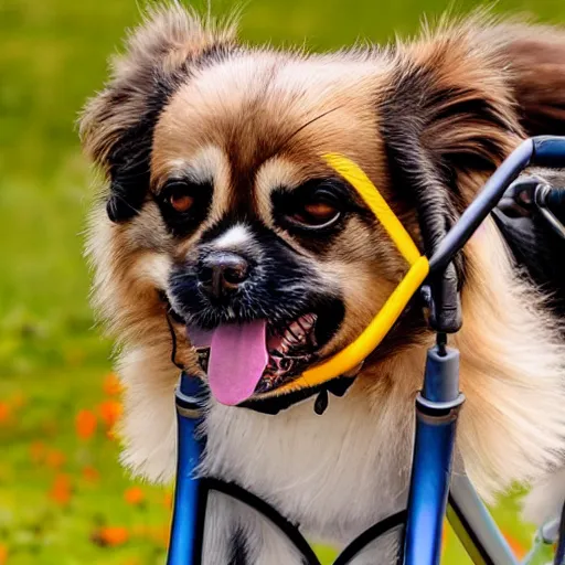 Prompt: an illustration of a tibetan spaniel, riding a bike, but as a photo