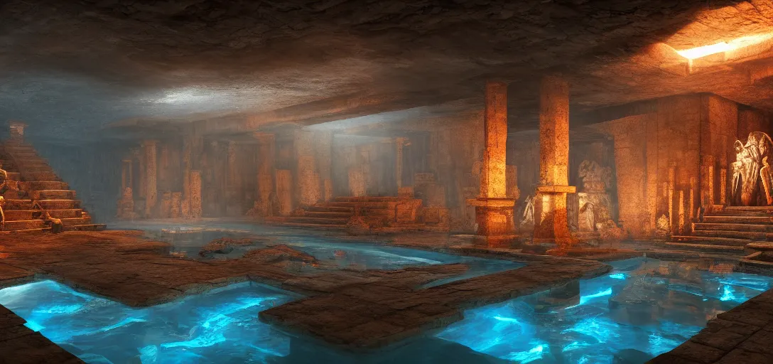 Image similar to dramatic photo of underground aztec interior, ambient occlusion, glowing pool of water, ancient goden statues, raytracing, unreal engine, dramatic lighting, detailed,, global illumination, god rays, 3 d artstation by greg rutowski and jessica rossier