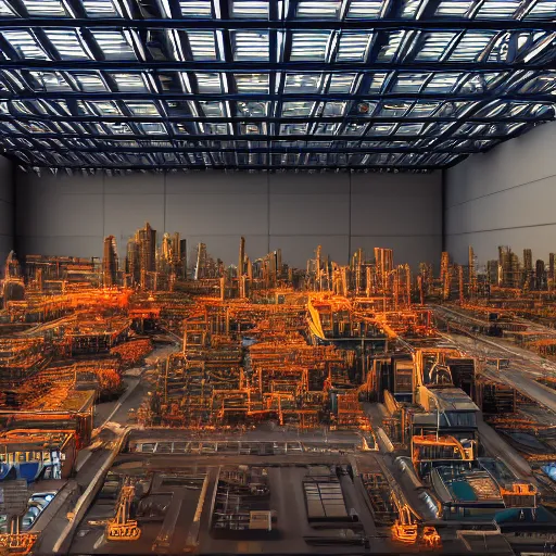 Prompt: crane shot of large group people in open warehouse, looking at hologram of futuristic city on a table, cinematic still, godrays, golden hour, natural sunlight, 4 k, clear details, tabletop model buildings, tabletop model, ethereal hologram center, crane shot, crane shot, rule of thirds