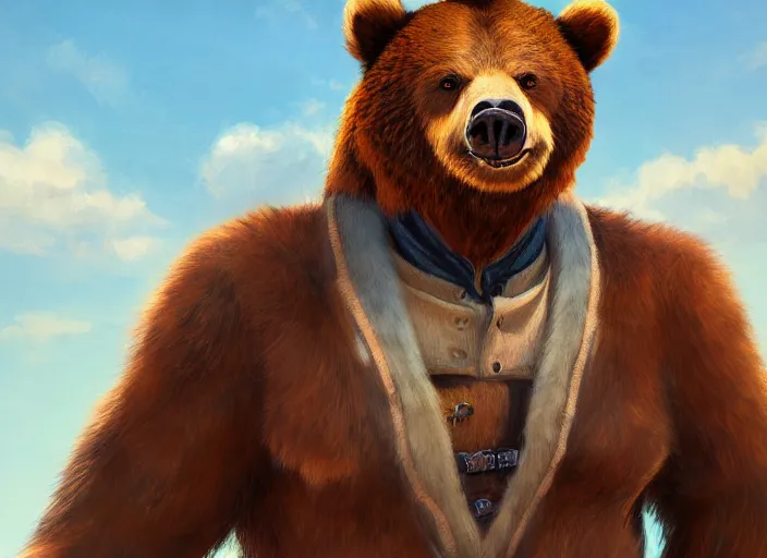 Image similar to character portrait feature of the anthro male anthropomorphic kamchatka brown bear fursona wearing cowboy outfit wild west desperado character design stylized by charlie bowater, ross tran, artgerm, and makoto shinkai, detailed, soft lighting, rendered in octane