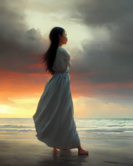 Prompt: behind the back medium close up shot of beautiful asian female with white dress standing lonely on the beach, stormy landscape by malczewski, landscape by jakub rozalski, cinematic composition, surreal photography, sunset, dramatic light, digital painting, artstation, simon stalenha, greg rutkowski