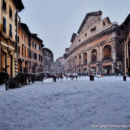 Image similar to The city of Rome under the snow on August. It's snowing everywhere on the entire cityscape of Rome under a blue sky and a very hot sun. It's crazy hot.