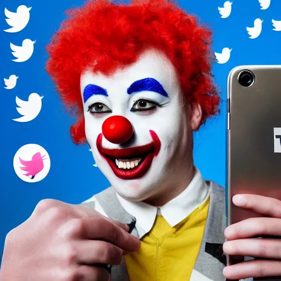 Image similar to sad clown holding a phone with the twitter logo on it