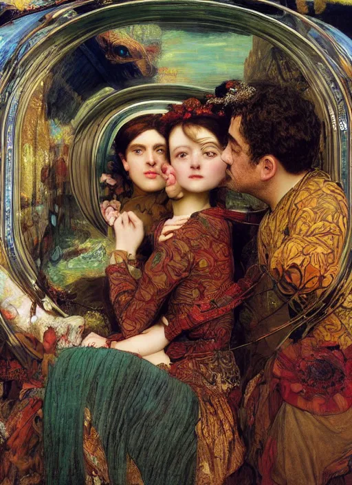 Image similar to detailed colourful masterpiece of photography double couple portrait sat down extreme closeup, inside an underwater train, detailed realistic expressions, wearing unusual clothes, by ford madox brown and william powell frith and moebius and frederic leighton and john william waterhouse