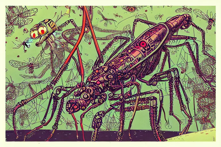 Image similar to risograph grainy drawing vintage sci - fi, satoshi kon color palette, gigantic fat mantis full - body covered with robot parts and wires, with lot tentacles, insects and dragonflies around, painting by moebius and satoshi kon and dirk dzimirsky close - up portrait