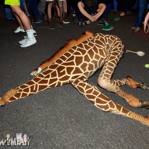 harold the giraffe at an underground rave passed out | Stable Diffusion