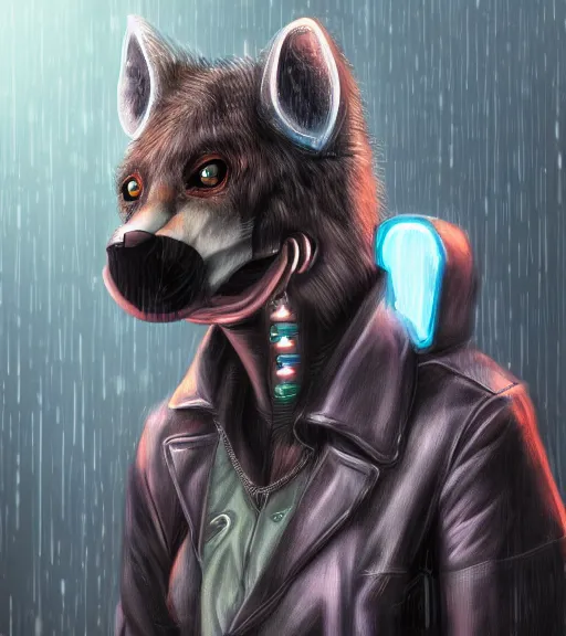 Image similar to digital painting of anthromorphic hyena female smoking cigarrete in cyberpunk style, fursona, furry fandom, furaffinity, neon rainy cyberpunk setting, anthro, wearing cyberpunk leather jacket, detailed face,