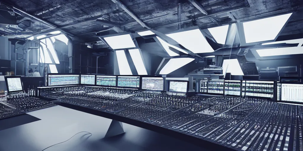 giant futuristic music studio full of mixers, stands | Stable Diffusion |  OpenArt