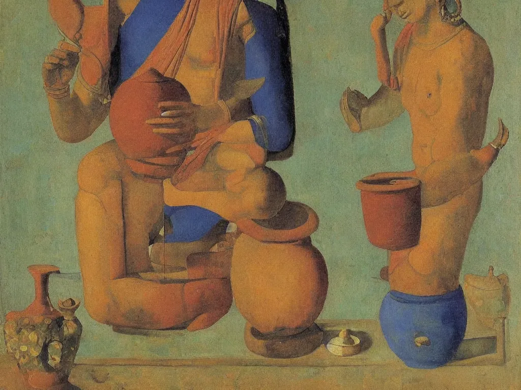 Prompt: Portrait of a Tantric deity with amphora. Lapis Lazuli, malachite, cinnabar. Painting by Balthus, Morandi