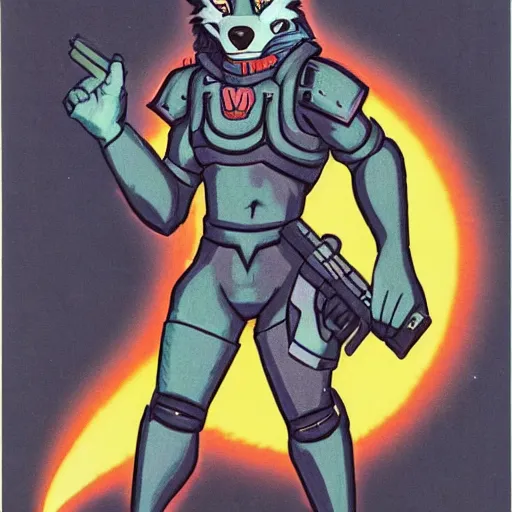 Prompt: 1 9 8 0 s video game art of anthropomorphic wolf o'donnell from starfox fursona furry wolf in a dark space mercenary uniform, looking heroic, magazine scan, 8 0 s game box art, dark grey wolf o'donnell