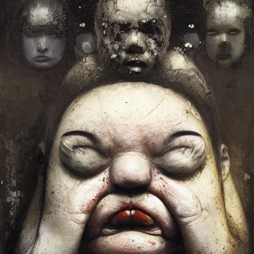 Image similar to portrait of the face of big fat old sumoringer as despair from sandman, venus of willendorf, by jeremy mann, by gregory crewdson, by bastien lecouffe deharme, by russ mills, sad face, topknot, black hair, mourning, black eyes, white room, soft lightning, high detailed, 8 k