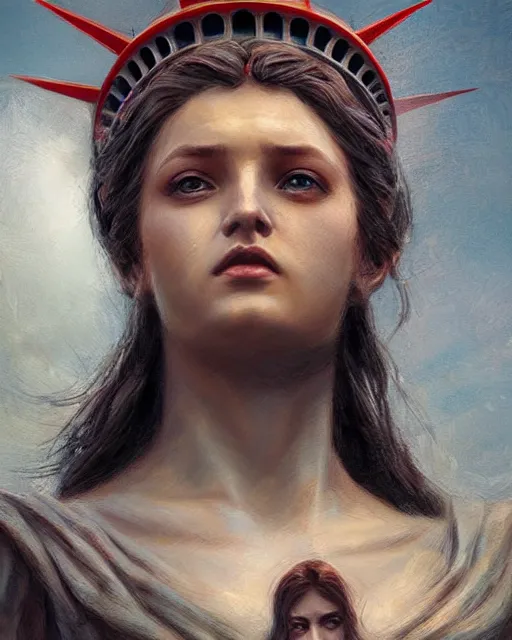 Prompt: portrait beautiful real woman as the statue of libertyhyper realistic face, beautiful eyes, fantasy art, in the style of greg rutkowski, intricate, hyper detailed, smooth