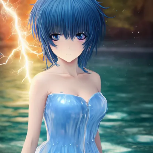 Prompt: a very beautiful anime girl wearing a dress made of water standing in a crystal lake , full body, long black hair, azure blue watery eyes, full round face, seductive stare, cinematic lightning, medium shot, mid-shot, highly detailed, trending on artstation, Unreal Engine 4k, Stanley Artgerm Lau, WLOP, Rossdraws, James Jean, Andrei Riabovitchev, Marc Simonetti, and Sakimichan